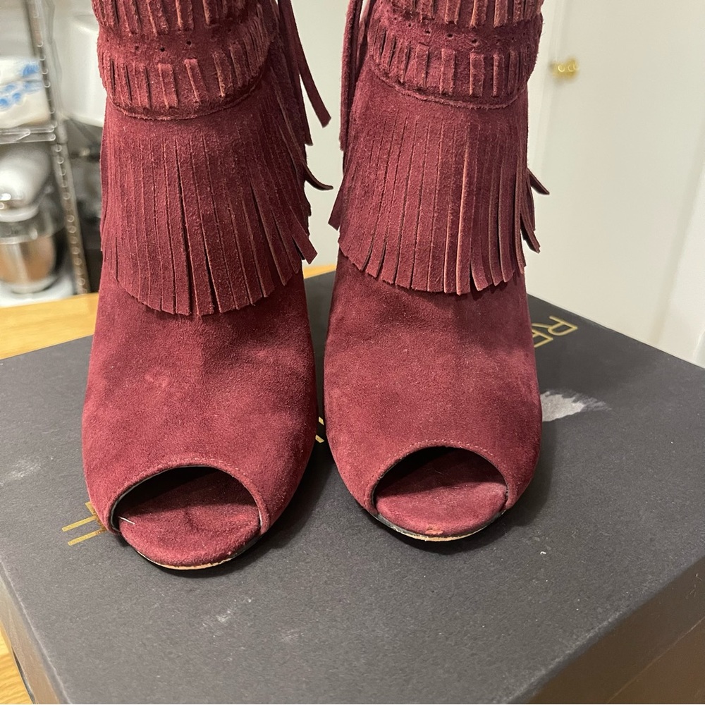 Rebecca Minkoff Women's Rio Fringe Open Toe Booties, Port - Picture 5 of 10